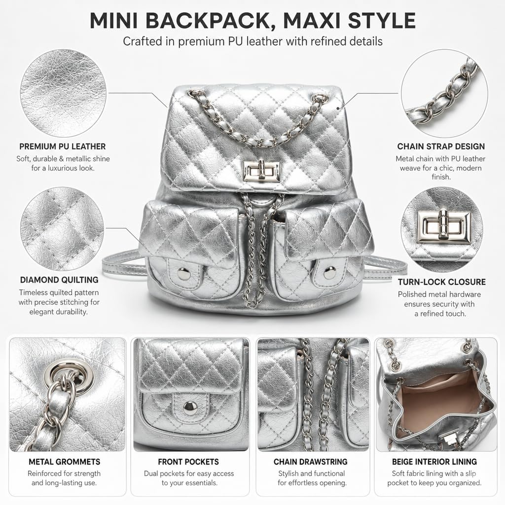 COC.EFRENAR Quilted Mini Backpack for Women, Chain Strap Small Purse with Flap Closure, Fashion Shoulder Bag Cute Travel Daypack(Silver)