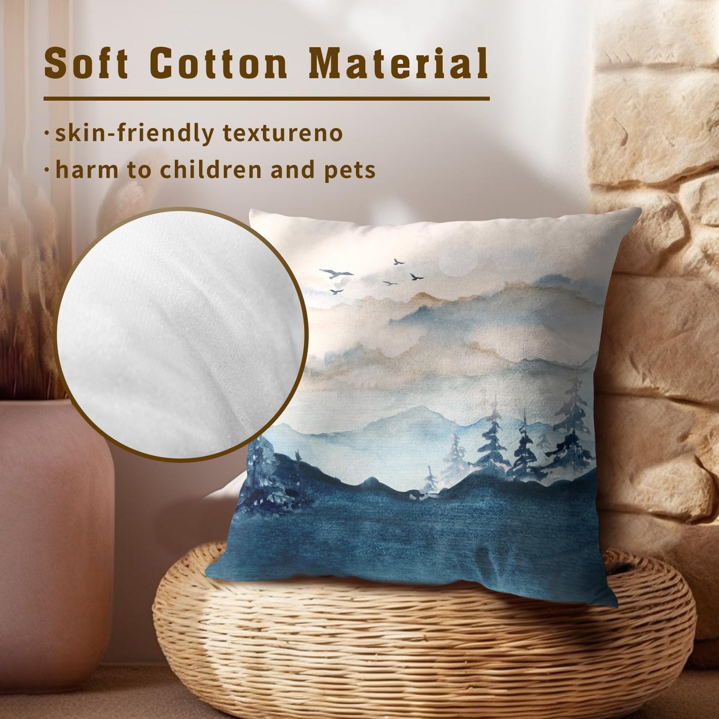 Imiss Misty Mountain Forest Pillow Covers 18x18 Inch Blue Burnt Orange Decorative Double Sided Cushion Covers Set of 2 Nature Landscape Pillowcases for Couch Bedroom Car