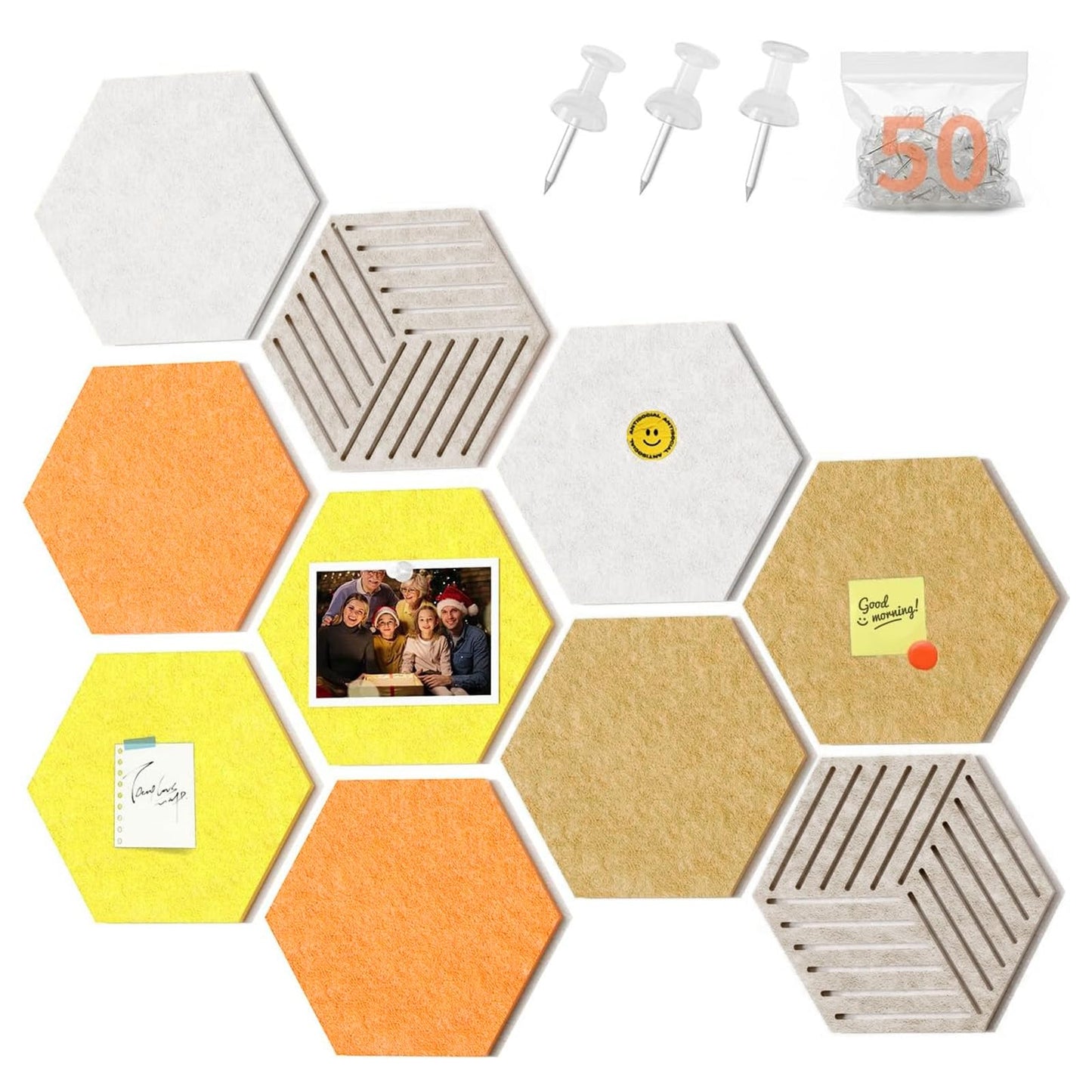 FOCHIER F 10PCS Hexagon Cork Boards for Walls Decor,12"*10.2" Felt Bulletin Board Tiles Sets for Home Office Class Kitchen with 50 Push Pins,Self Adhesive DIY Pin Board for Photos Memos