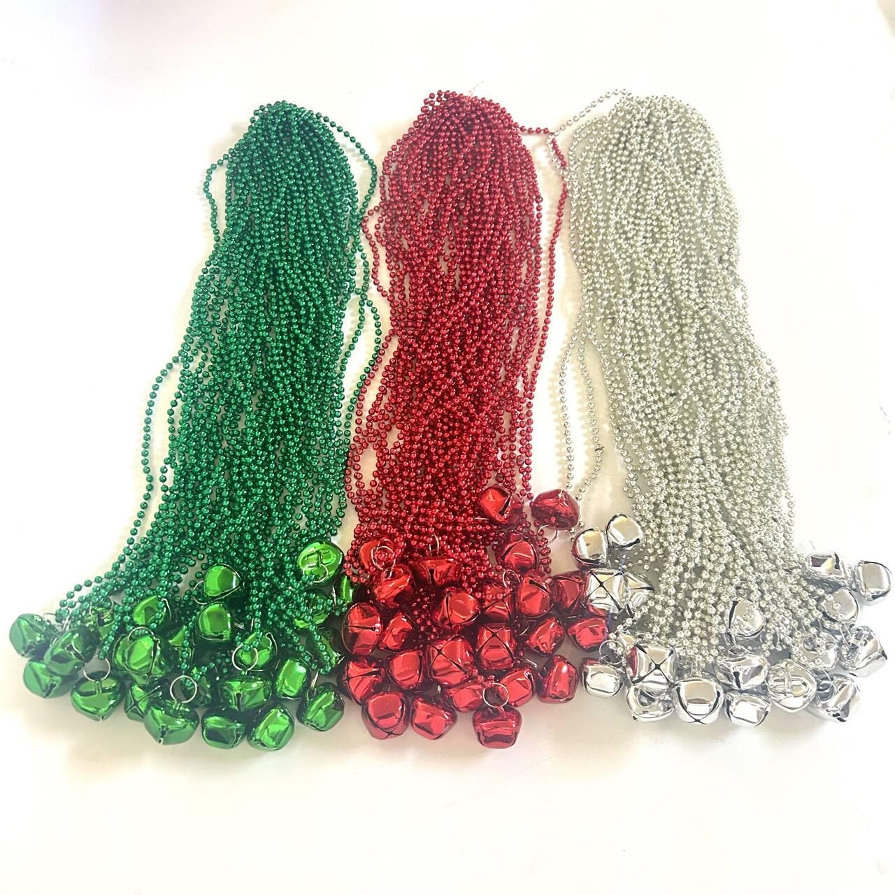 GZYSSL 72 Pcs Christmas Jingle Bell Party Beads Necklaces Red Silver Green Christmas Tree Holiday Jingle Bell Beads Party Supplies