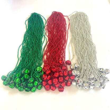 GZYSSL 72 Pcs Christmas Jingle Bell Party Beads Necklaces Red Silver Green Christmas Tree Holiday Jingle Bell Beads Party Supplies