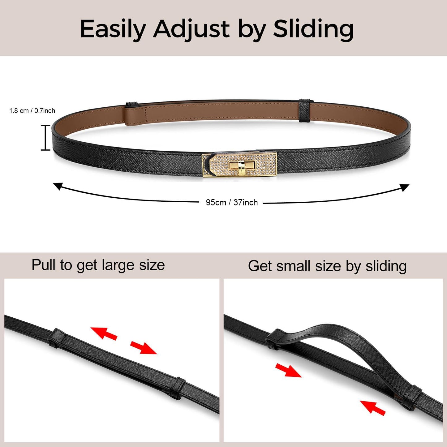 MoYoTo Women’s Stylish Rhinestone Gold Buckle Skinny Leather Belt Turn Lock Thin Waist Belts for Dresses Jeans Coats (Light Grey)