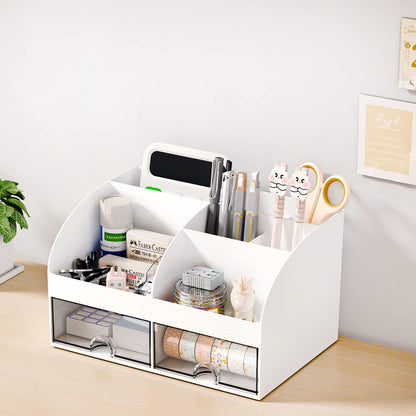 COMFYROOM Desk Organizer with 6 Compartments and 2 Drawers, Plastic Makeup Organizer, Pen Holder for Desktop Storage, Desk Organization for School, Home, Office Supplies (White)
