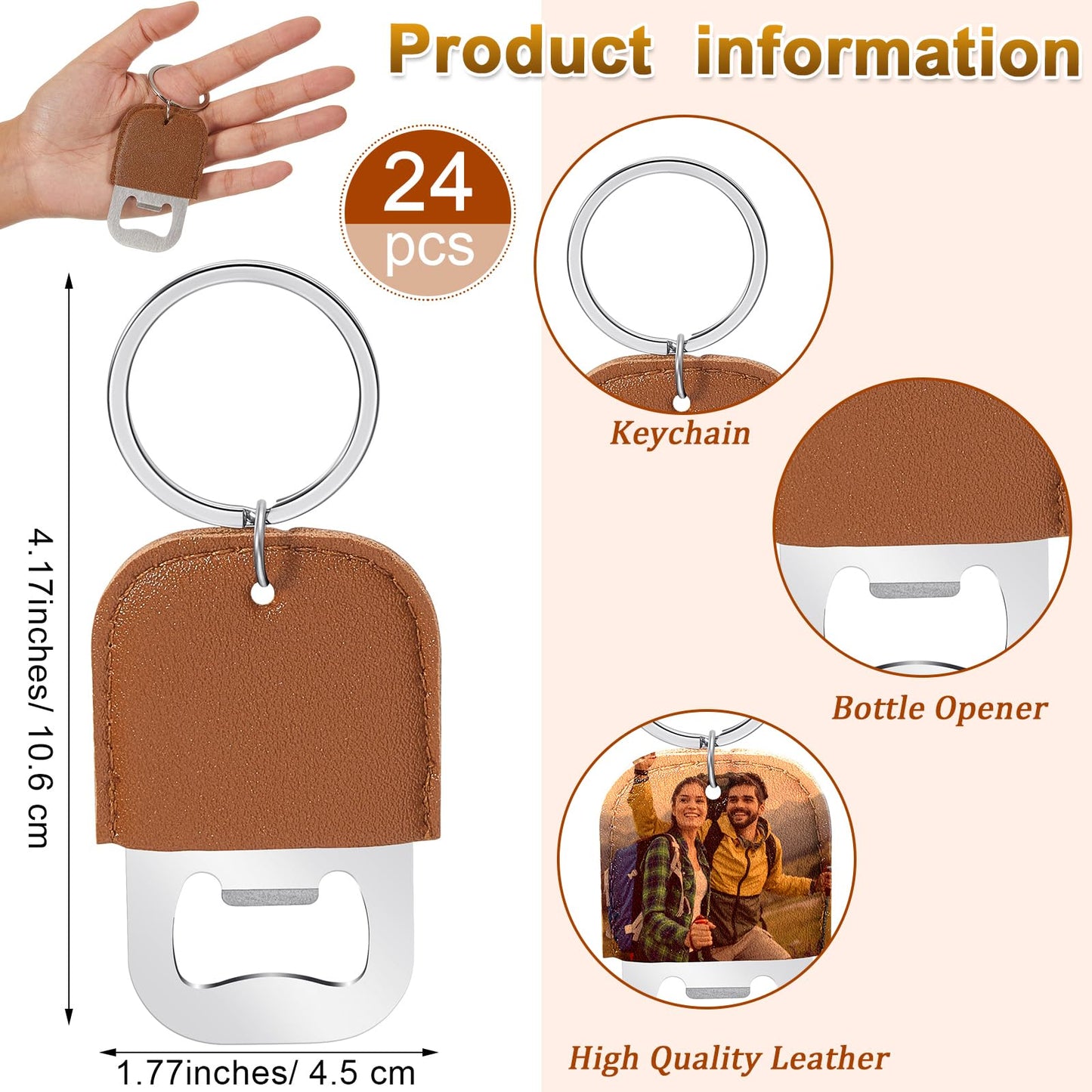 Maxcheck 24 Pcs Dye Leather Bottle Opener Keychain Sublimation Beer Steel Bottle Opener PU Leather Keychain for Gift (Brown)