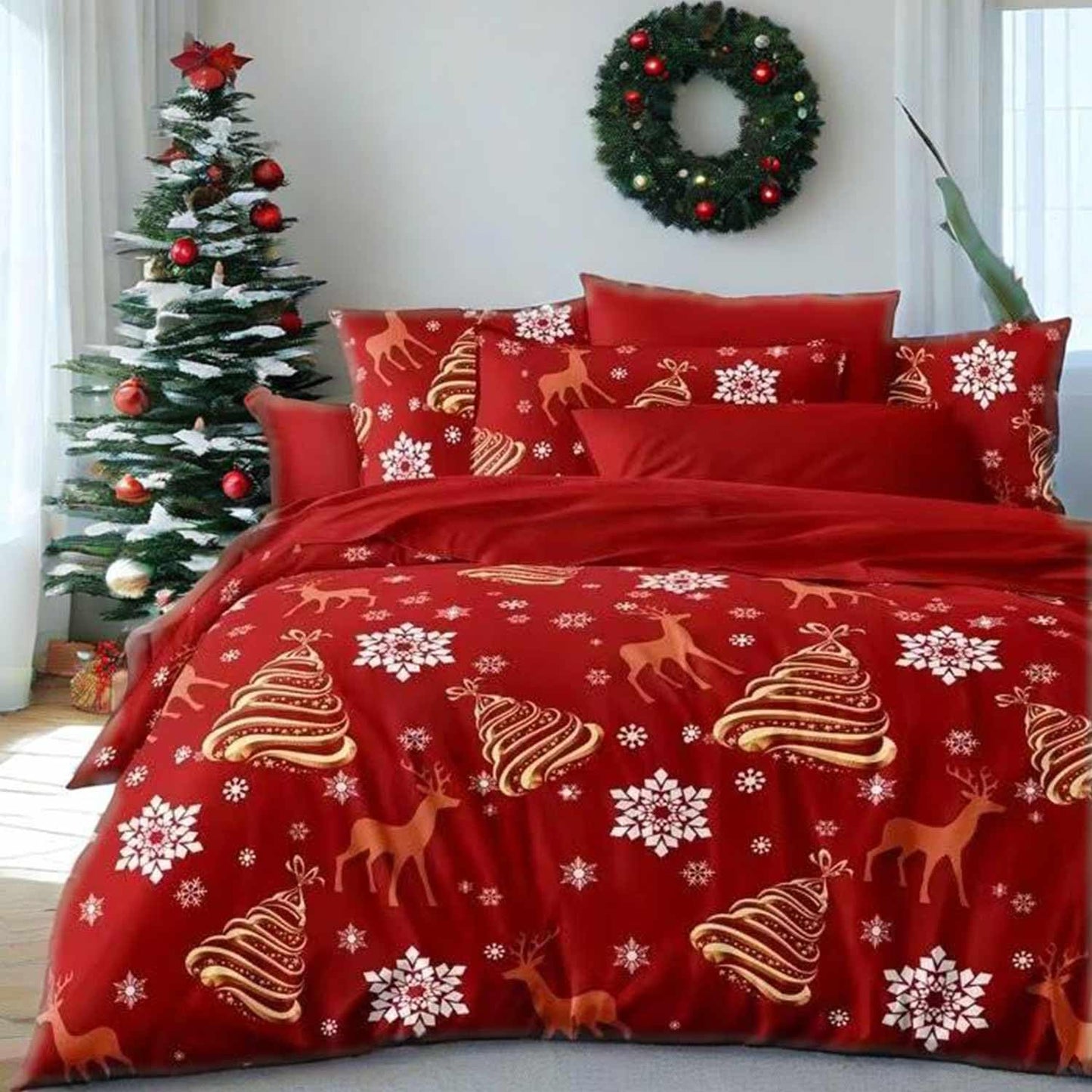 Nanko Christmas Duvet Cover Queen Size, 3pc Red Deear Gold Tree and Snow Pattern Printed Microfiber Bedding Comforter Cover Set, Soft Quilt for Women Men Winter Ded Decor 90x90 inch
