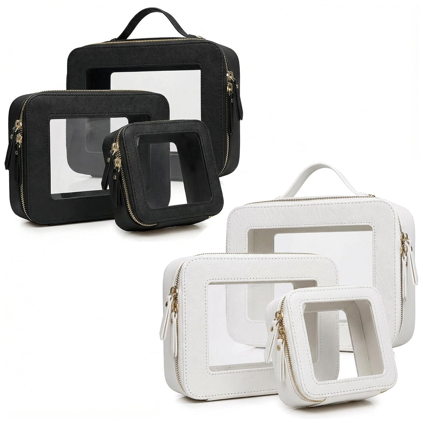 LAZYTAIL Makeup Bag | Transparent Toiletry Bag | Portable Waterproof Makeup Storage Bag | Travel-Specific Skincare Storage Bag | 2 Sets, L+M+MINI (White+Black)