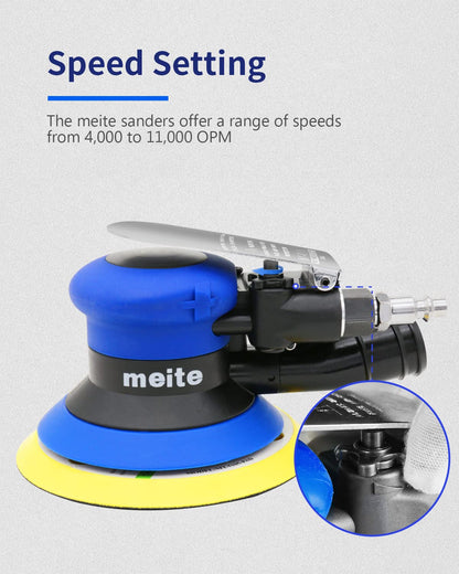 meite Random Orbital Sander 5 Inch Pad with Dust Collection System, DA Palm Sander with Variable Speed & Low Vibration, Ergonomic Pneumatic Air Sander for Professional & DIY Woodworking