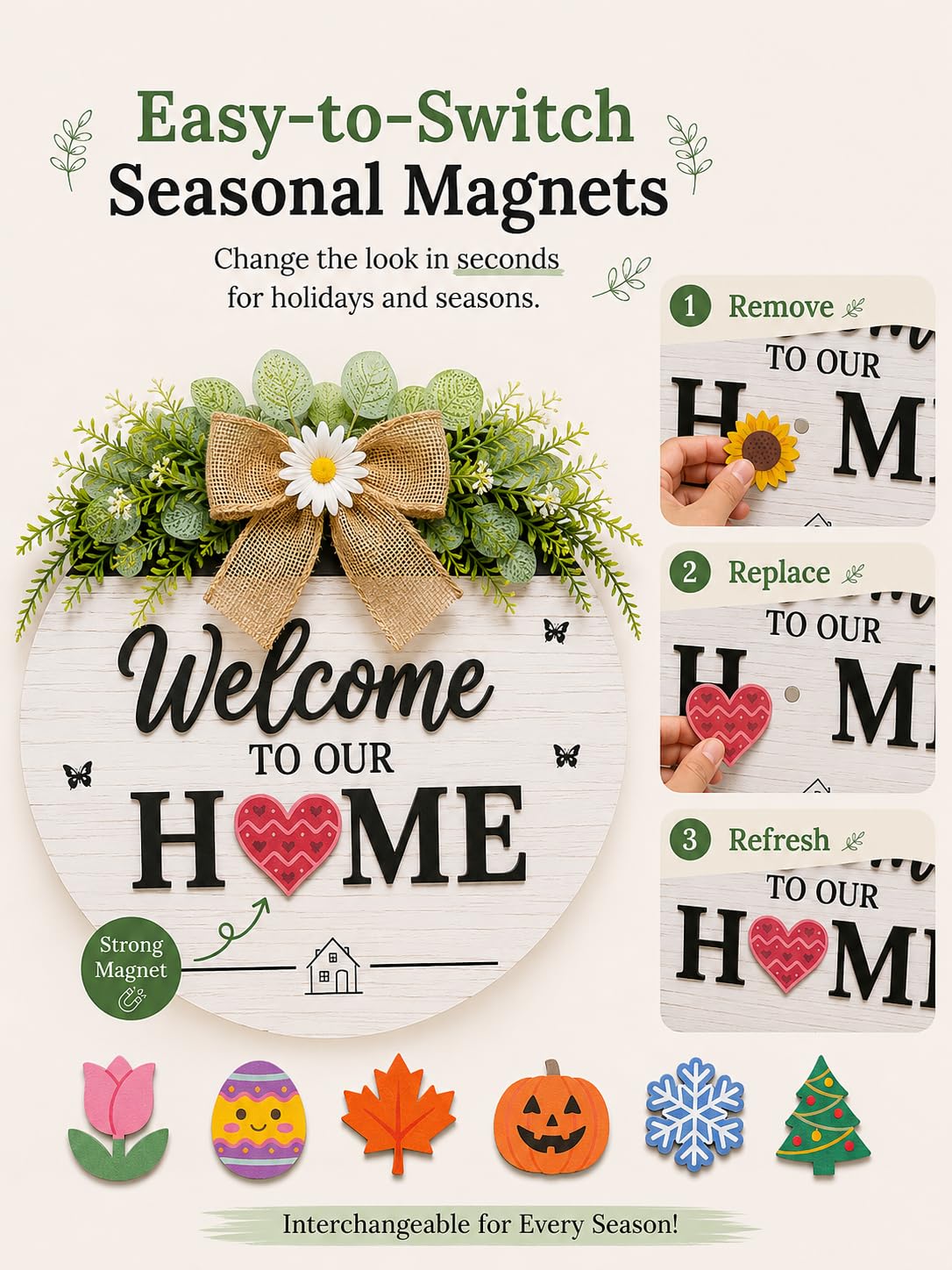 Interchangeable Welcome Sign for Front Door, Round Farmhouse Door Hanger with 12 Changeable Seasonal Magnets, Welcome to Our Home Porch Decor, Rustic Wood Look Wall Sign for Entryway and Housewarming Gift