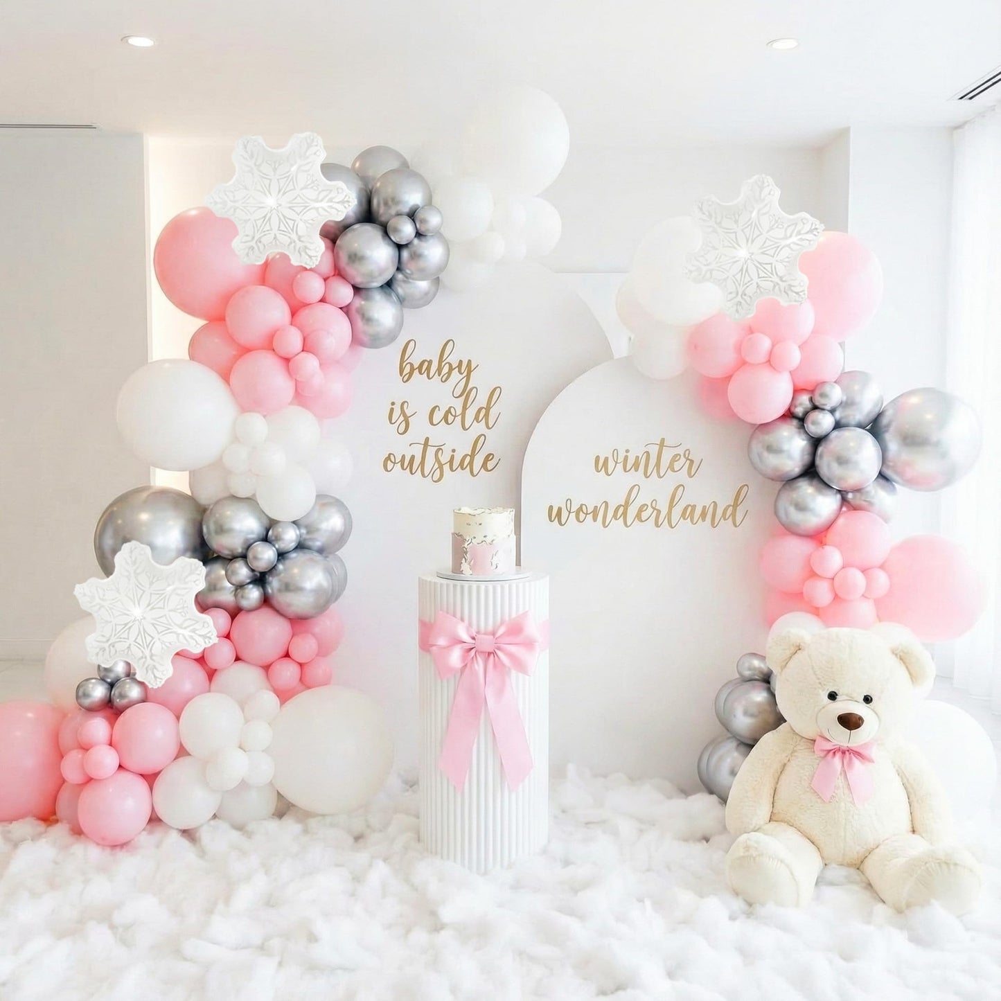 PartyXpress 144PCS Pink Winter Balloon Arch Garland Kit with White Silver Snowflake Star Balloons for Winter Wonderland Girl Baby Shower, Baby Its Cold Outside Party, Christmas Decorations
