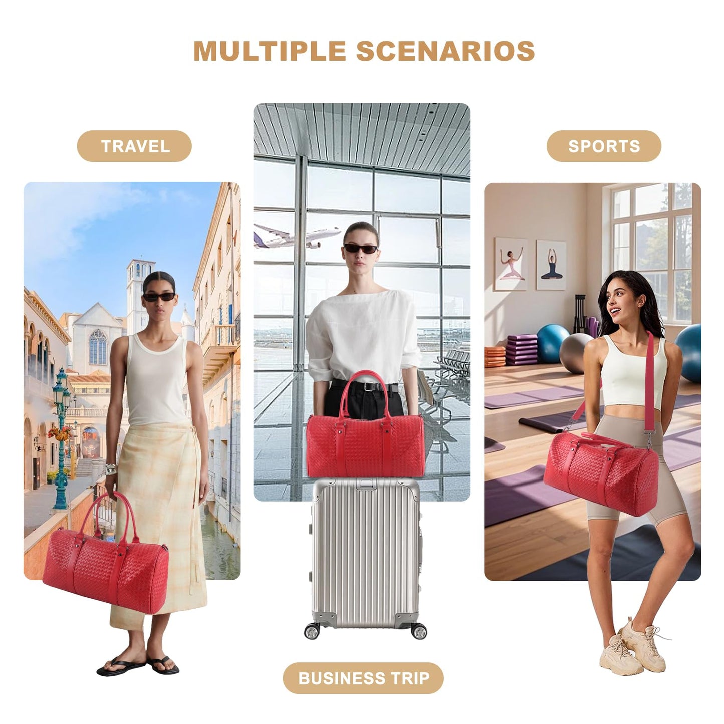 Weekender Bags for Women Designer Duffle Bag for Men, Woven Leather Carry On Travel Bag with Wet Compartment Large Capacity Water-resistant Gym Tote (Red)