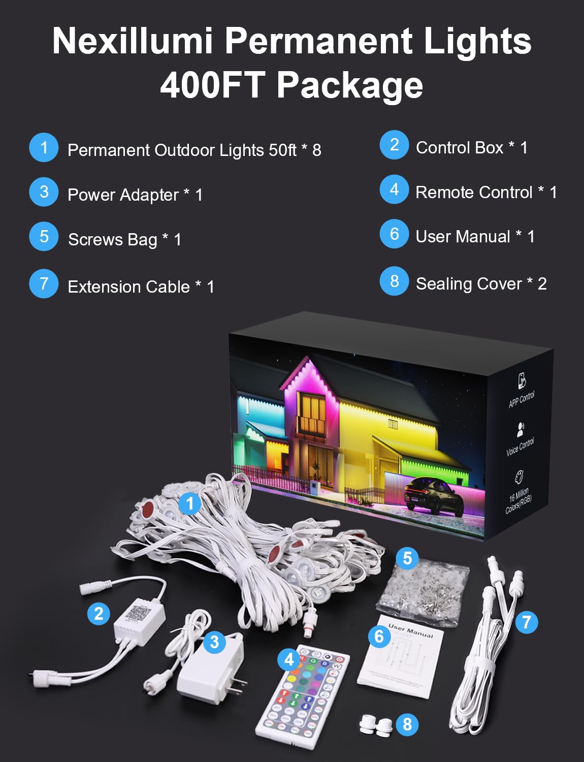 Nexillumi 400ft Permanent Outdoor Lights for House, 2025 New Smart RGB Christmas Lights Outdoor with APP Remote Control, IP67 Waterproof Eternity Eaves Lighting for Christmas Decorations