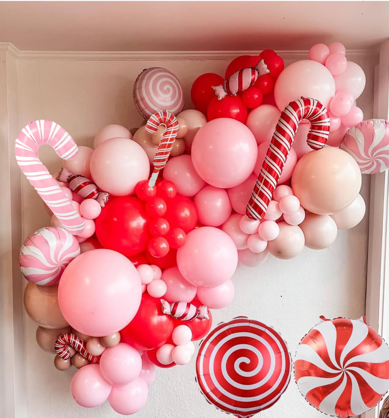 150PCS Christmas Balloon Arch Kit, Pink Red White Silver Balloons Garland with Candy Cane & Lollipop Foil Balloons, Pink Christmas Party Decorations for Xmas Birthday Baby Shower Holiday Decorations