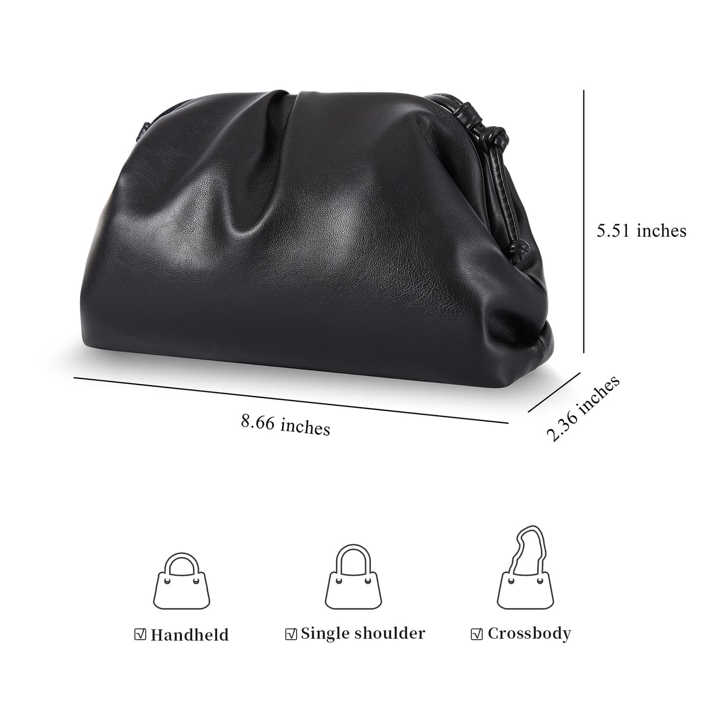 BRYCTSISEN Elegant Vegan Leather Clutch Bag for Women Dressy Pleated Cloud Dumpling Purse Super Soft PU Evening Handbag (Black, Small)