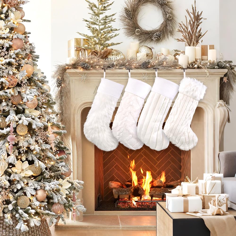 Teeanzo 4 Pcs Christmas Plush Stockings 18 Inch Large Snow White Faux Fur Xmas Stocking with 4 Styles Textured Patterns Holiday Classic Hanging Ornaments Socks for Xmas Home Party Fireplace Decor