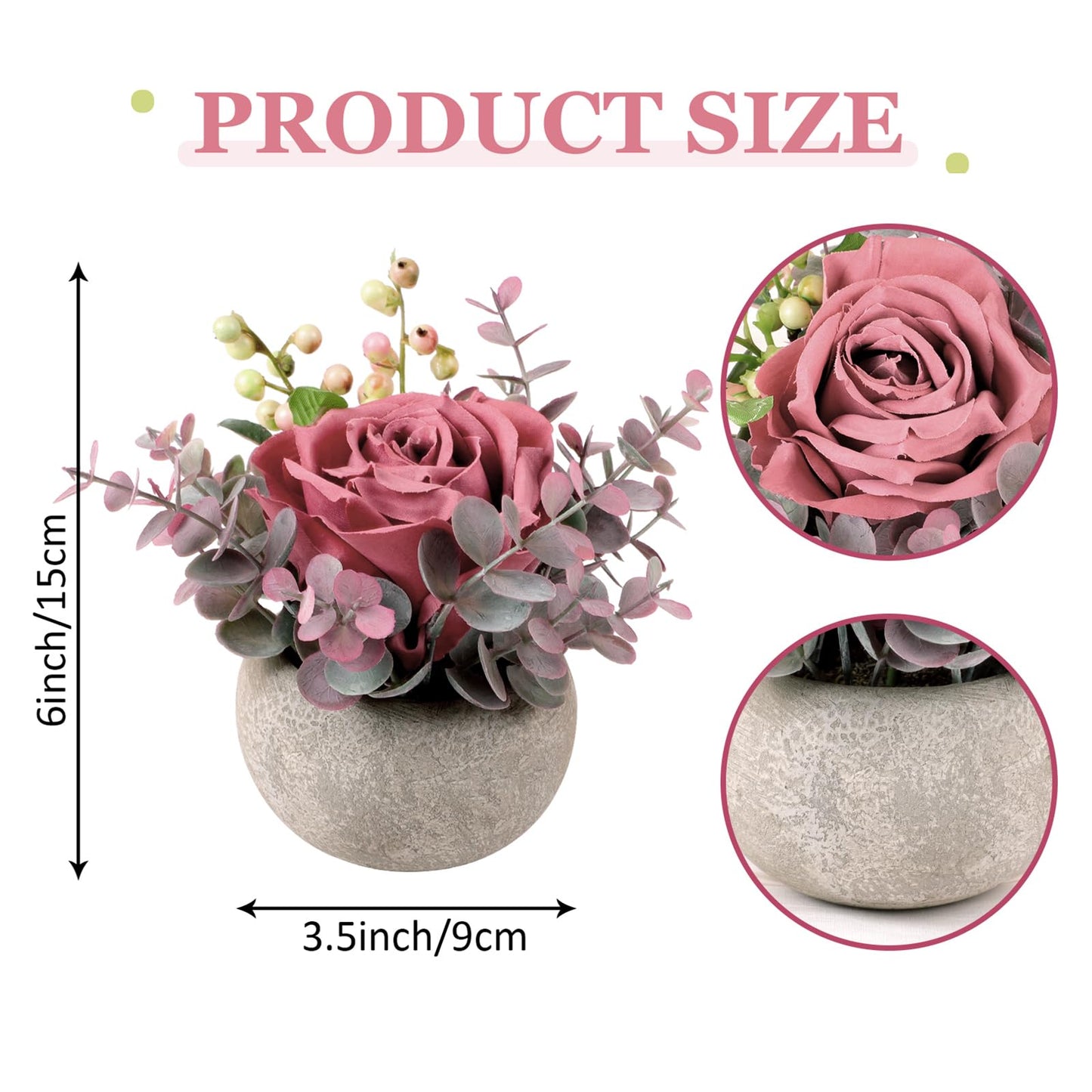 Lovmeety Faux Flowers in Pot, Pink Rose Artificial Flowers with Pot Mini Potted Plants Centerpiece Decor for Home Bathroom Office Desk Shelves Room Decorations