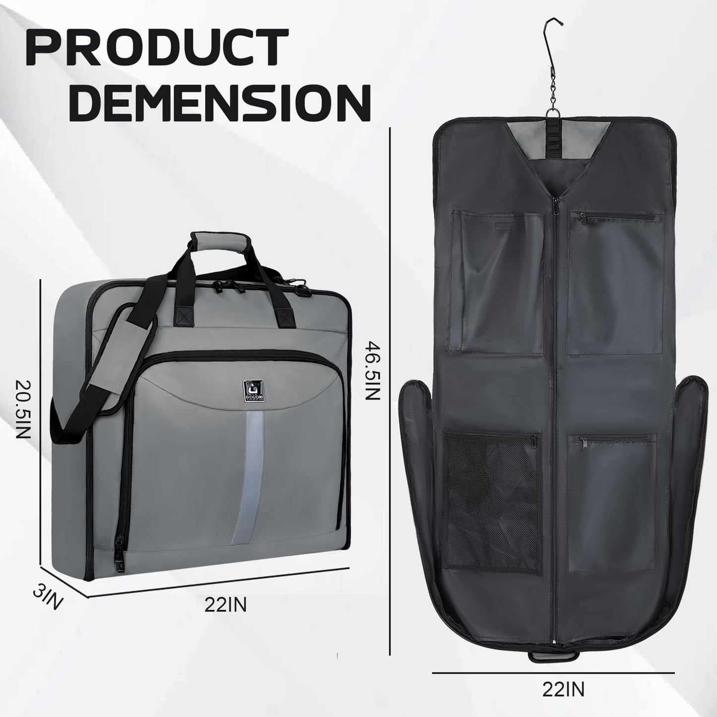 Goloni Garment Bag Suit Bag for Travel & Business, Hanging Shoulder Garment Cover, Foldable Waterproof Clothes Protector for Suit Jacket Dress Coat Wardrobe Storage Grey
