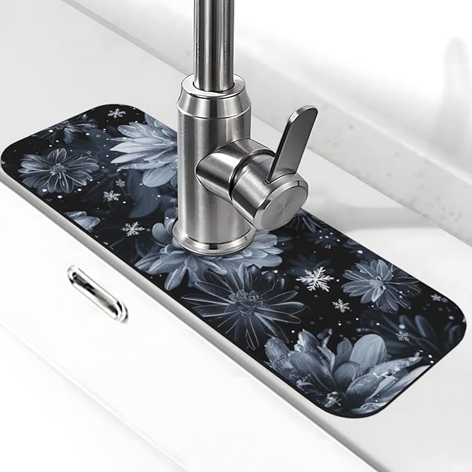 Faucet Draining Mat For Kitchen Sink, Stylized Gray Chrysanthemum Flowers