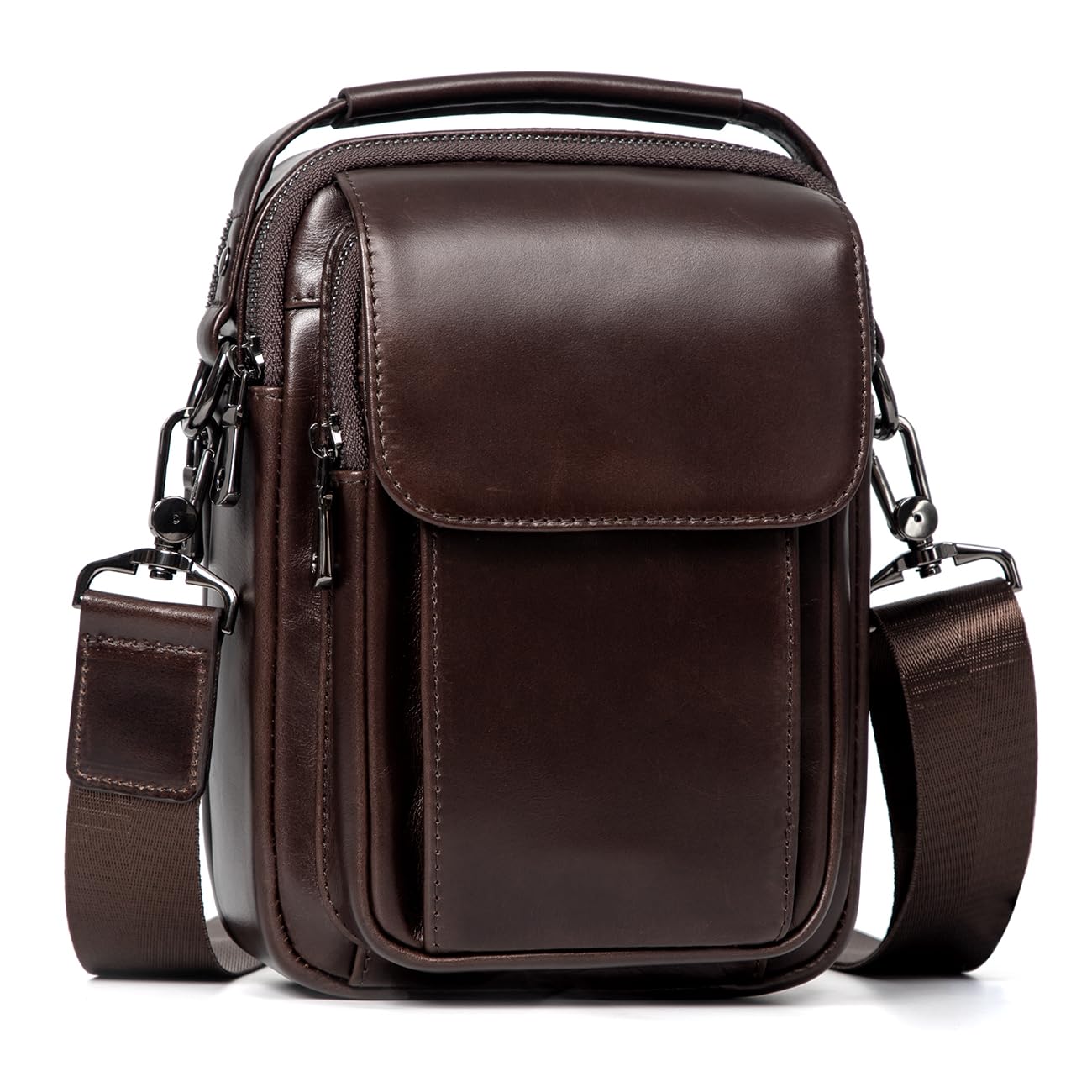 Augus Leather Small Messenger Bag For Men Crossbody Handbag Shoulder Sling Travel Bags for Men Purse Daypack Magnetic Buckle (Coffee)