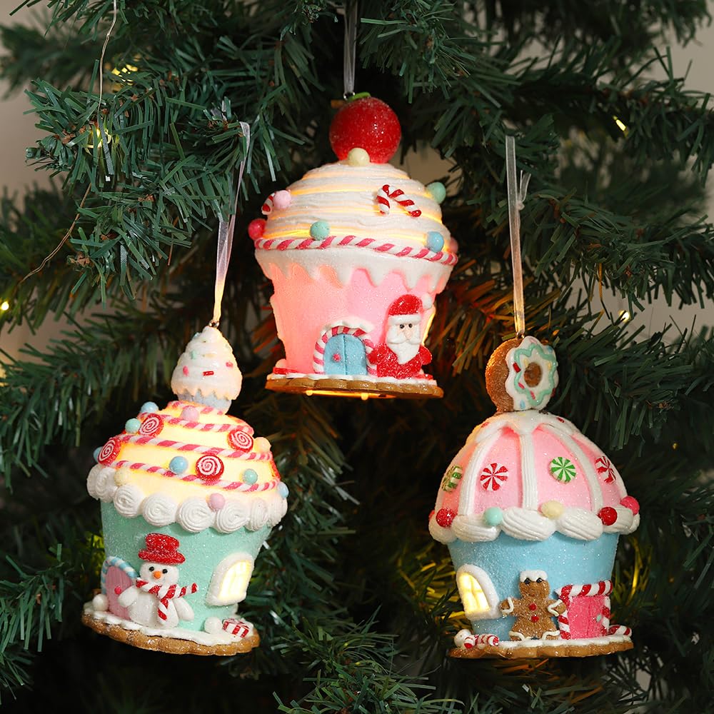 3Pcs Macaron Gingerbread House Ornaments for Christmas Tree, Lighted LED Clay Candy House Hanging Ornaments with Rope for Xmas Holiday Party New Year Home Decor