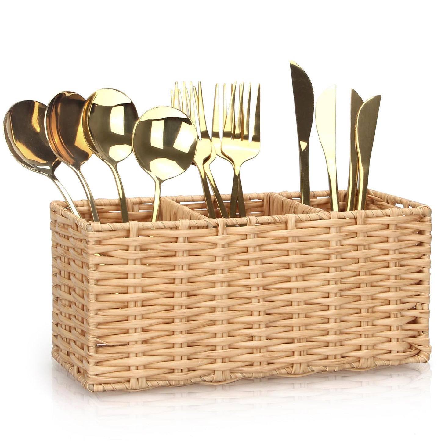 Ayiaren Wicker Flatware Silverware Caddy Cutlery Holder Kitchen Silverware Organizer Storage for Countertop Small Utensil Holders Party Table Spoon Knives Fork Holder Flatware Utensils Caddy Basket