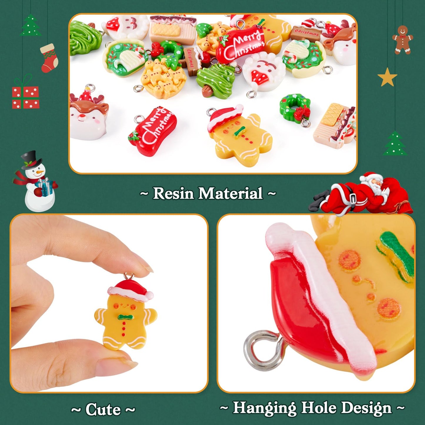 Cheriswelry 20Pcs Christmas Charms for Jewelry Making Resin Pendant Charm Snowman Deer Gingerbread Man Christmas Tree Cake Dangle Charms 14-29mm for DIY Crafts Necklace Earring Bracelet Making