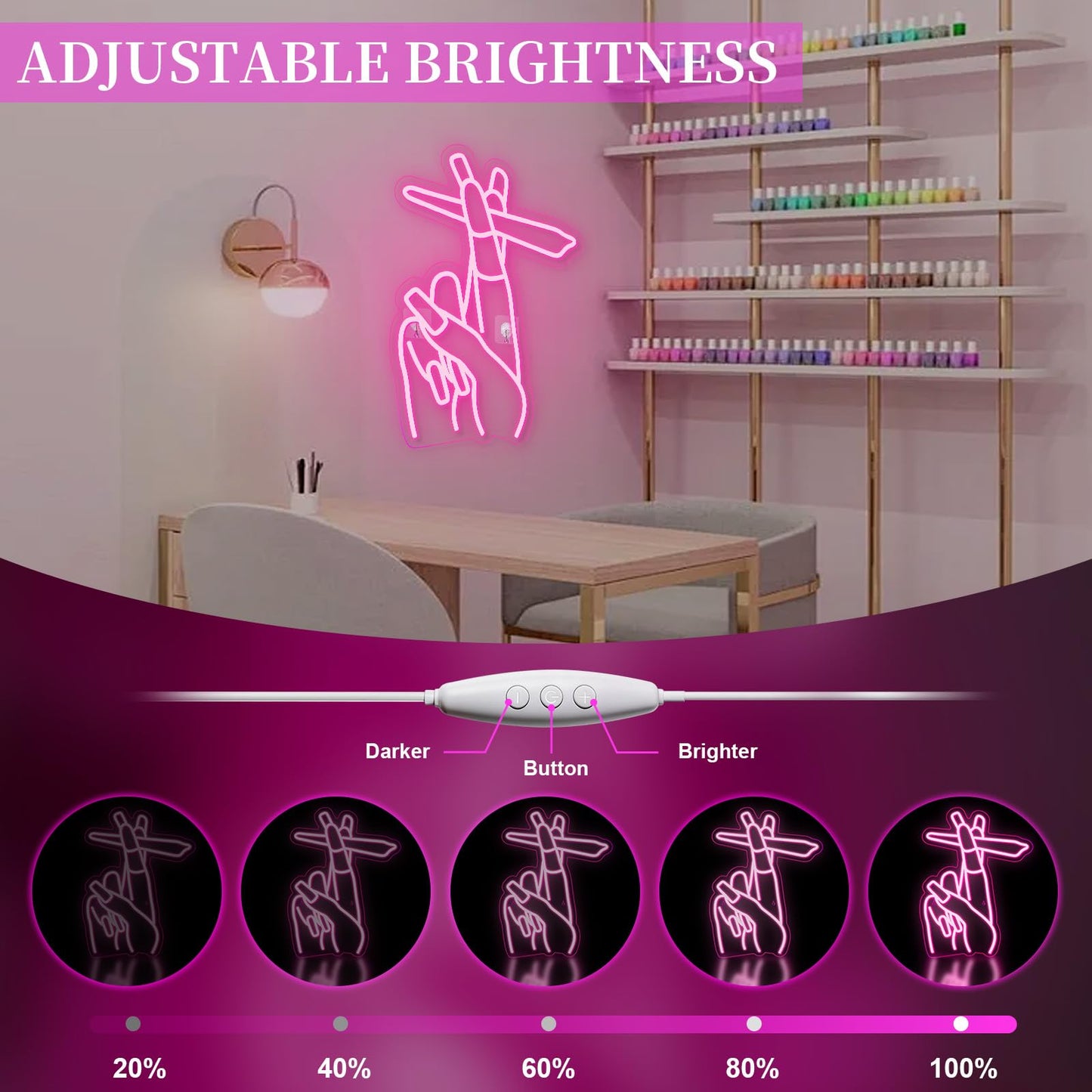 WLHOPE Pink Led Hand Neon Sign for Wall Decor Gesture USB Nail Hand Man Cave Neon Light Sign for Bedroom Home Bar Girls Room Nail Room Salon Party Decor Gift for Women