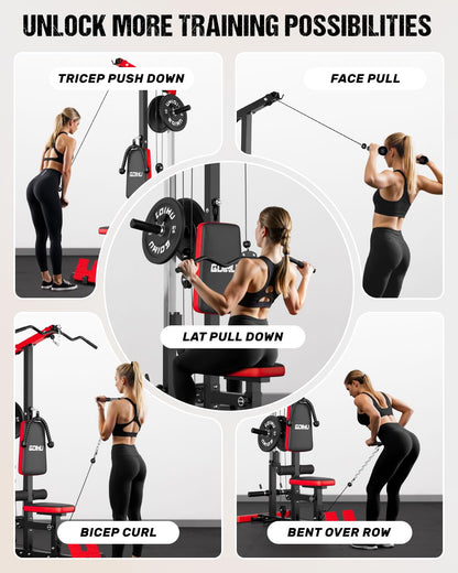 GOIMU LAT Pulldown Machines, LAT Row Cable Machine, LAT Tower with Additional Pulley Cable, High & Low Pulley Stations(Red)