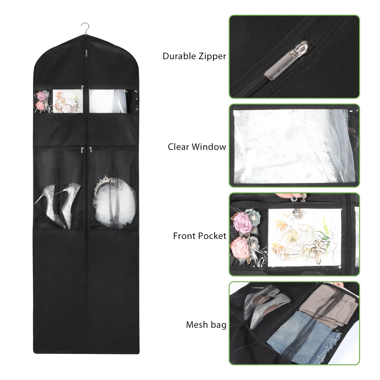 KEEGH Wedding Dress Garment Bag, 72” Tri-fold Bridal Dress Bags for Gowns, With Accessory Pockets and Adjustable Buckle Dress Cover for Wedding/Prom/Travel/Closet Storage (Black)