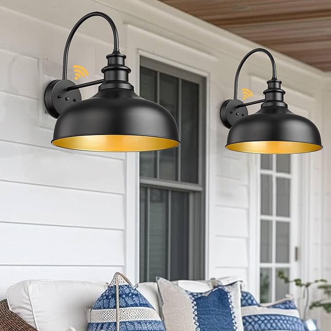 Bestshared 16 Inch Dome Large Dusk to Dawn Sensor Gooseneck Barn Light Farmhouse Outdoor Wall Sconce Industrial Exterior Wall Lighting Fixture, Outside Lantern Garage Lamp (Black+Gold,16” Dome-1Pack)