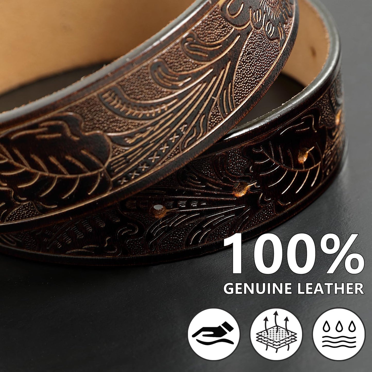 JIMJOY Men's Western Leather Belt Cowboy Belts for Men Big Engraved Buckle Belts