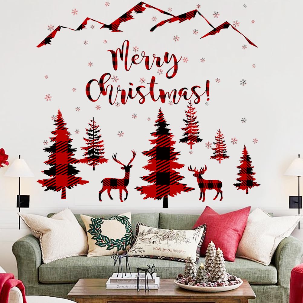 Prabahdak 3 Sheets Black Pine Tree Deer Wall Sticker Removable Snowflake Merry Christmas Wall Decal Winter Mountain Woodland Nursery Wall Stickers for Xmas Party Supplies