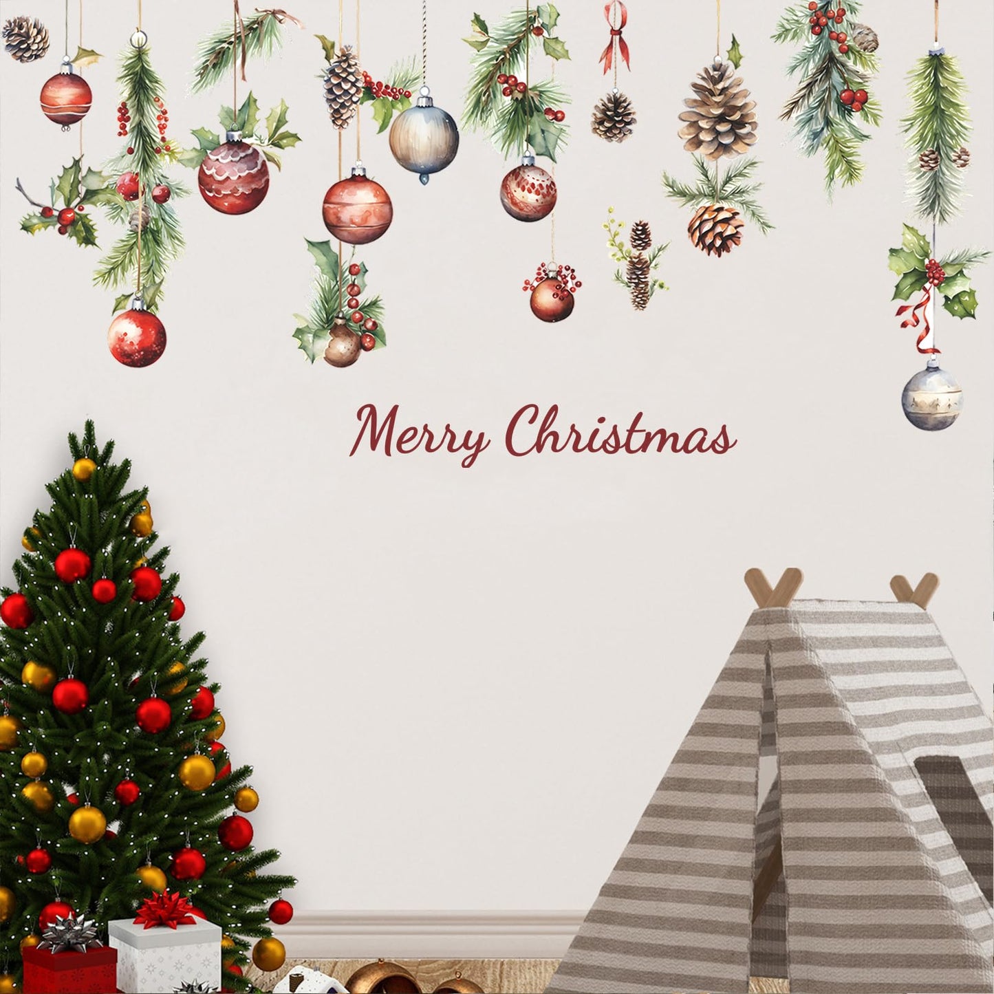 Christmas Wall Decals for Bedroom,Hanging Pine Cone Christmas Wall Stickers for Living Room Window Decor,Removable Art Mural for Kids Baby Gift Nursery Door Decor Supplies