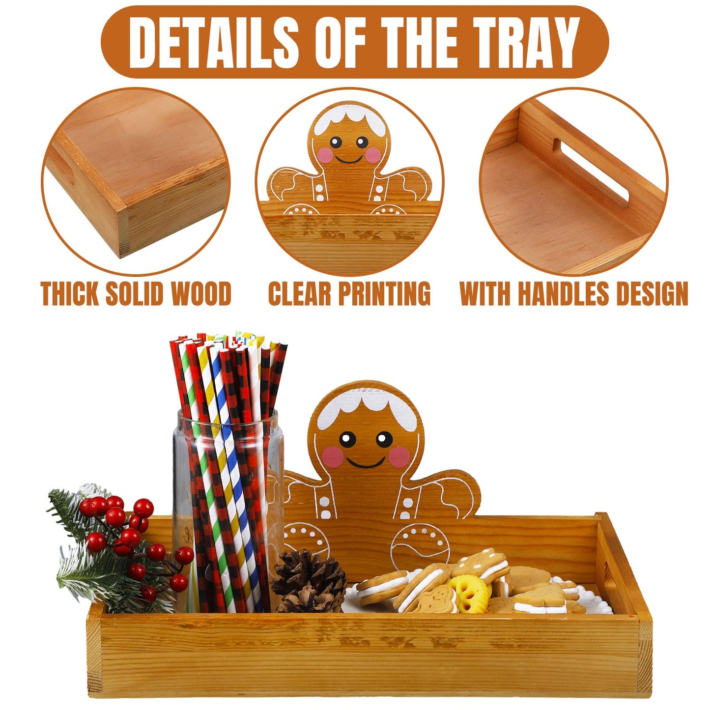 Sliner Christmas Wood Serving Tray with Handles 13.31 x 9.25 Gingerbread Man Christmas Cookie Platter Xmas Decorative Wooden Plate Food Display Dishes for Kitchen Coffee Table