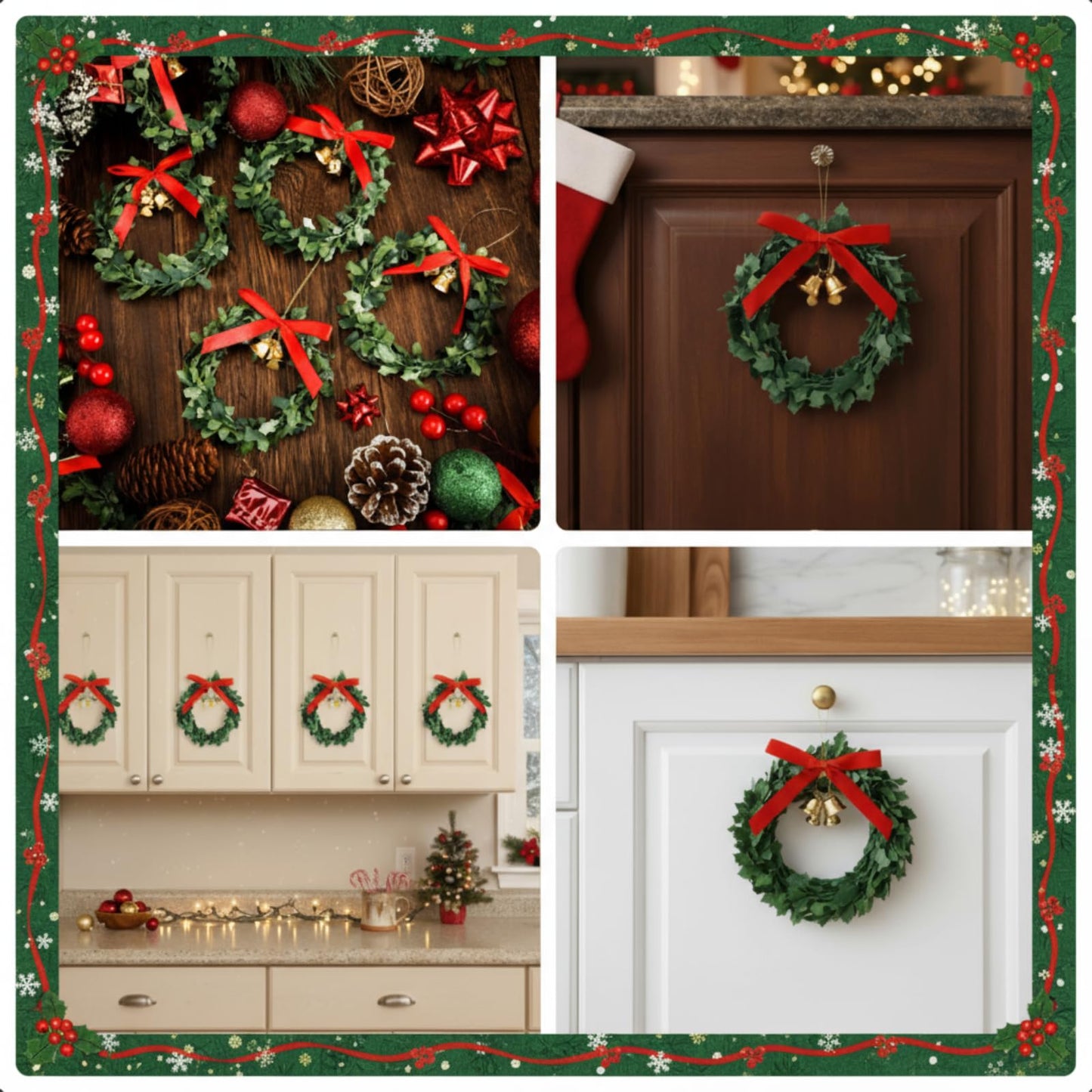 Syhood 12 Pcs Mini Christmas Wreaths for Cabinets with Gold Bells Small Kitchen Xmas Decor Christmas Cabinet Wreaths Ornament for Kitchen Chair Fireplace Farmhouse Home Decor (3.15 Inch,Red Bow)