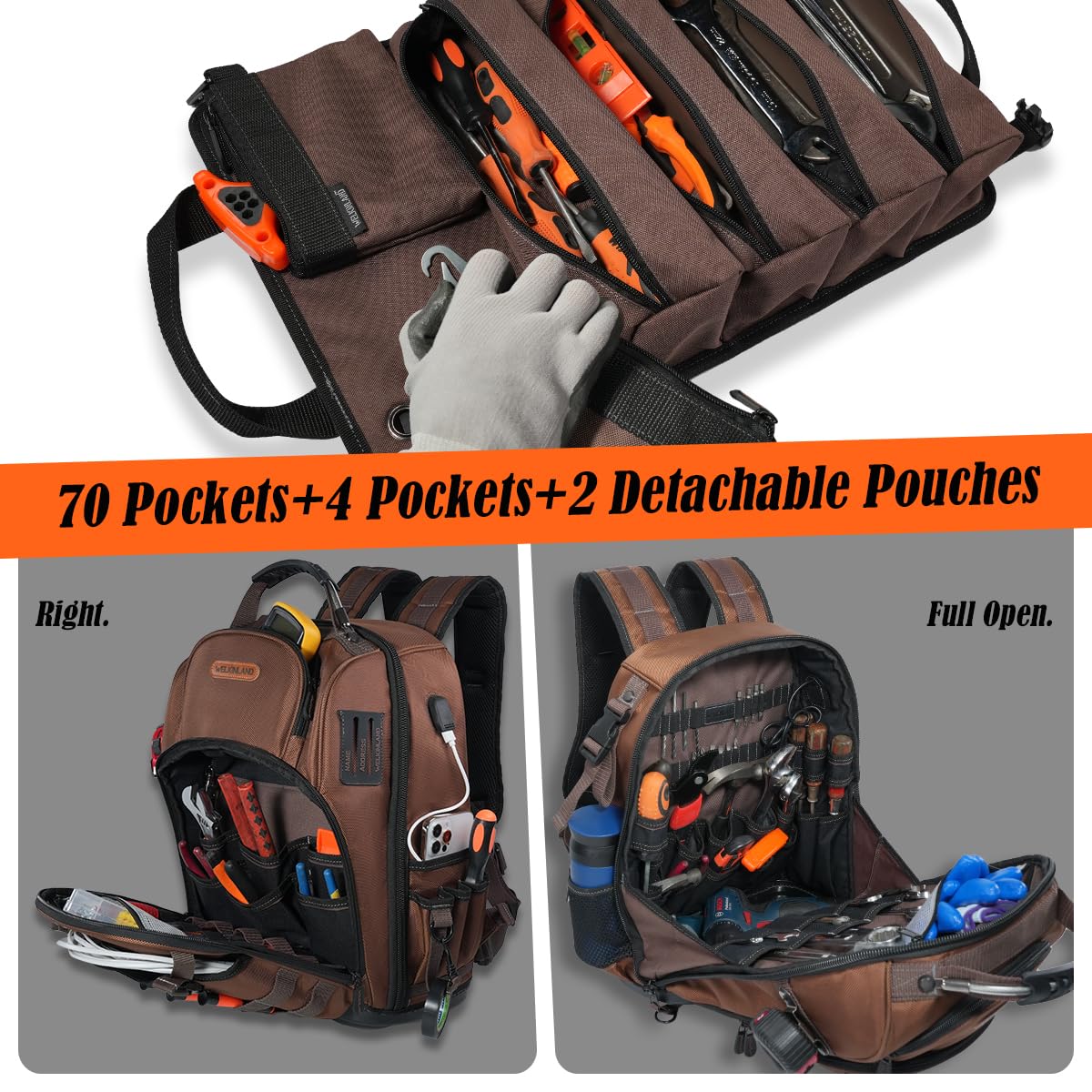 WELKINLAND 70Pockets HVAC Tool Backpack With Tool Roll, 4-Piece Electrical Backpack With Tools Roll Bags, Hard Bottom Electrician Back Pack, Tools Back Pack For Men Heavy Duty