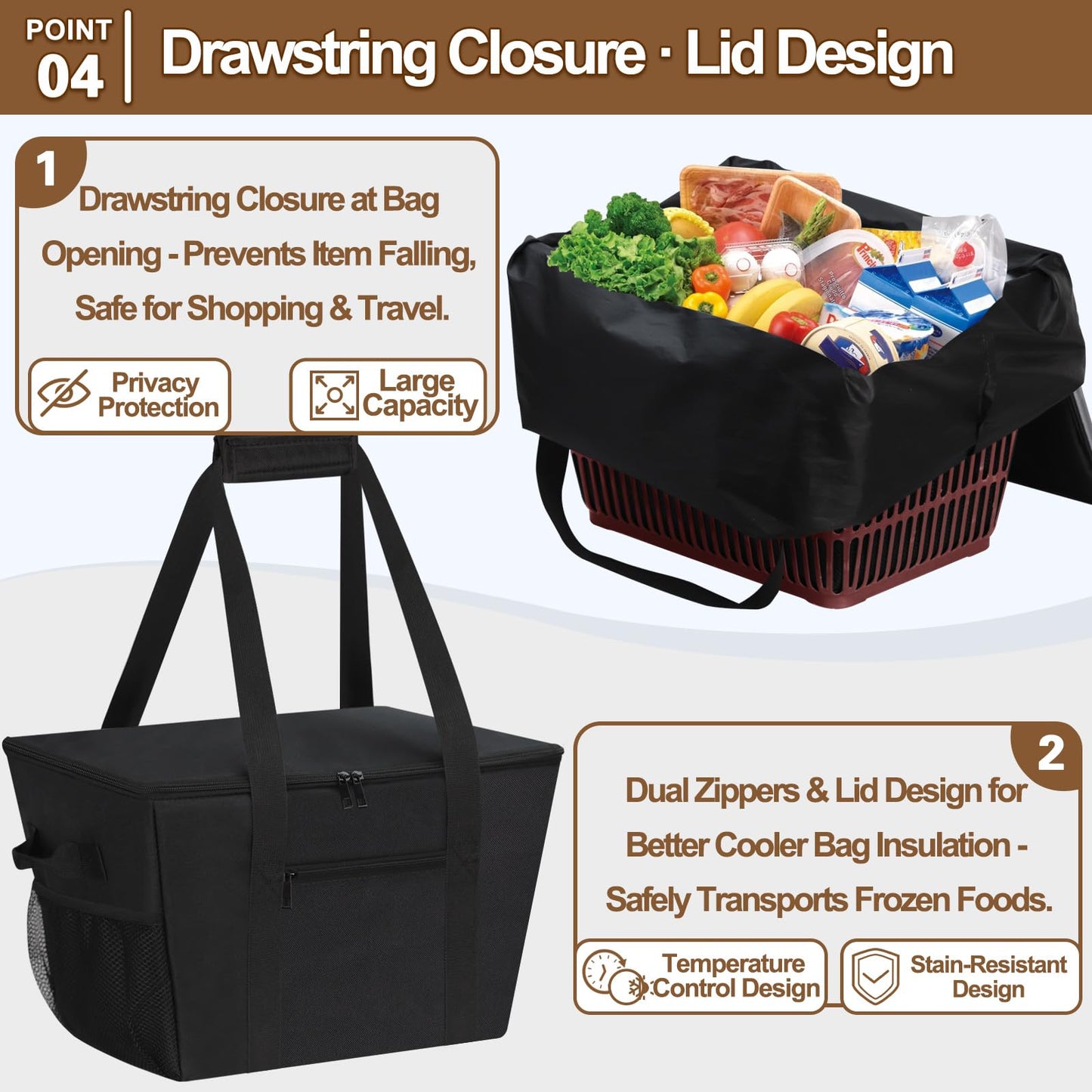 DSDCDJ Reusable Grocery Bag – Expandable Insulated Cooler Bag with Bottom Board, Collapsible Insulated Shopping Bag with Zipper & Drawstring, Heavy Duty Tote Bag for Shopping, Delivery, Picnic, Beach