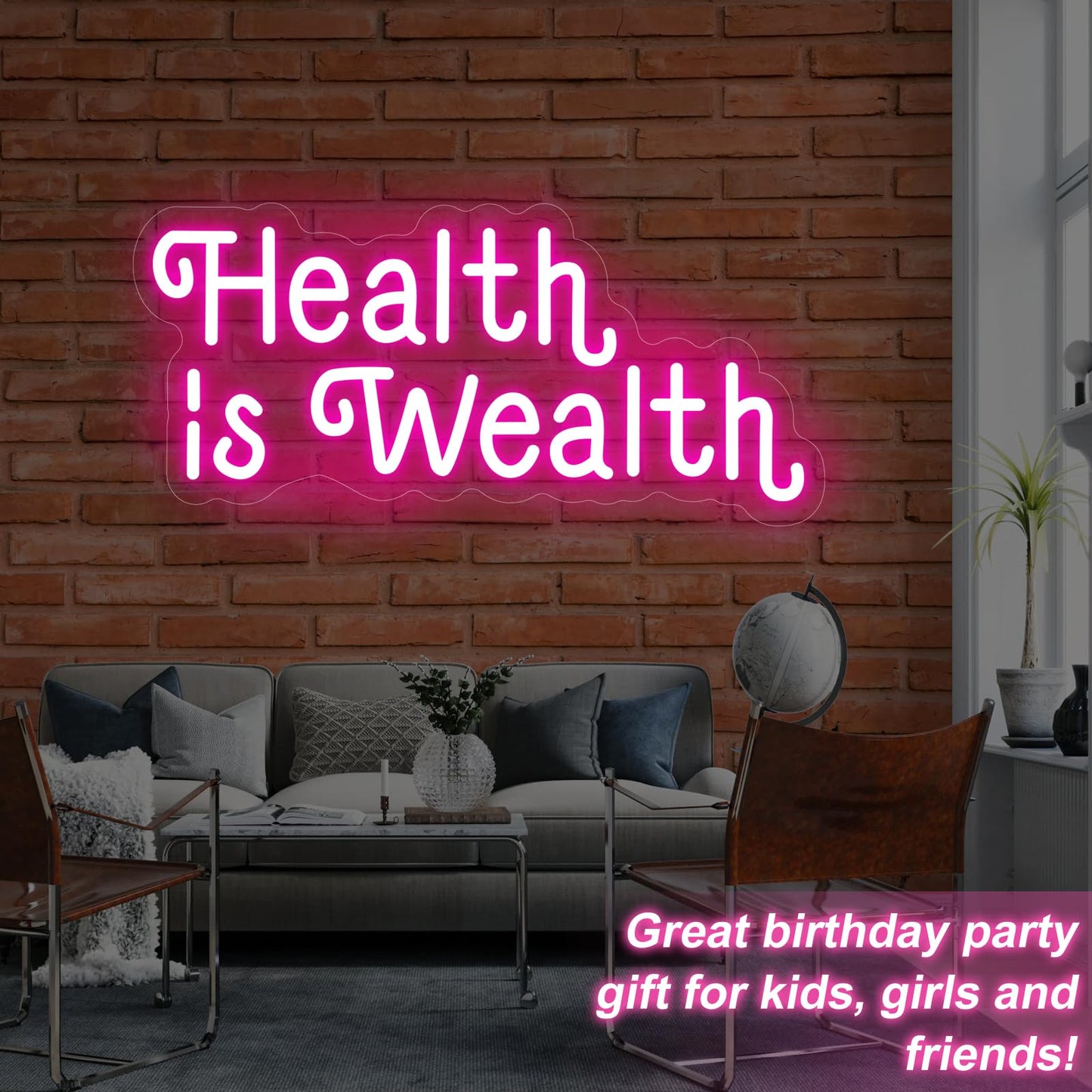 Health is Wealth Neon Sign,Health Decor Light,Fitness Club Decor,Gym Led Wall Decor,Inspirational Quote Sign,Health Gift,Mother's Day gift, Encouraging Light, Pink Led light for Bedroom, Club, gifts For Women