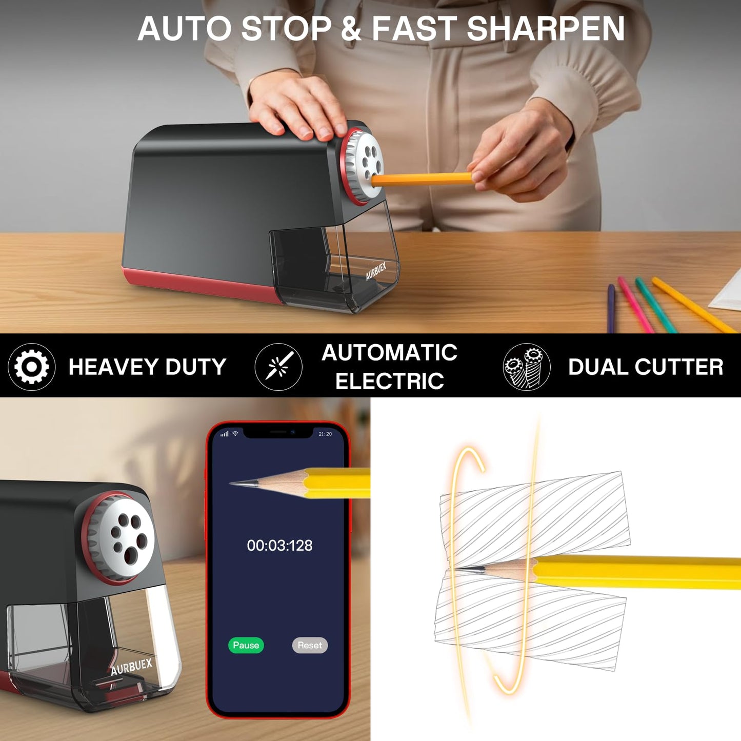 Aurbuex Heavy Duty Electric Pencil Sharpener S280, 3s Fast Sharpening, Dual Cutter Design, Zinc Alloy Blade for 12,000+ Sharpenings, Auto Start/Stop, for 6–12 mm Pencils, Classroom & Office Use