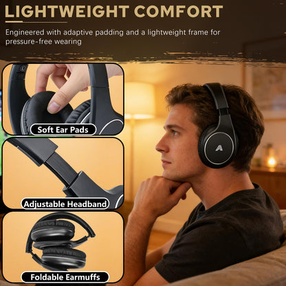 Ansee Wireless TV Headphones for Seniors & Hearing Impaired, Folding Over Ear Headphones with 2.4GHz RF Transmitter Support Optical RCA AUX, No Audio Delay, 100ft Wireless Range (Black)