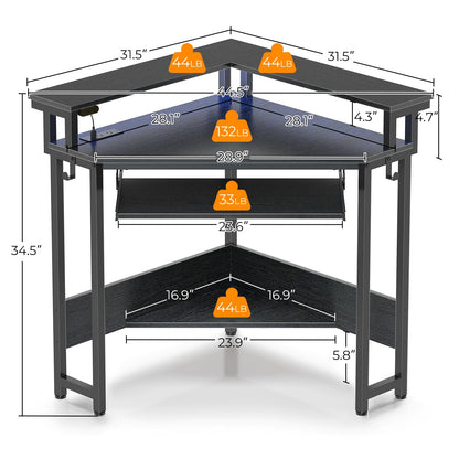 Rolanstar Corner Desk,44.5" W x 34.5" H Small Computer Desk with Power Outlets, Gaming Desk with LED Lights, Triangle Corner Table with Keyboard Tray & Monitor Stand for Small Space, Black