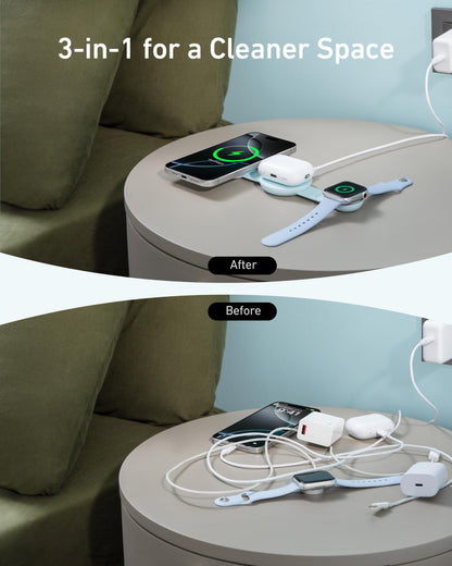 Anker MagSafe Compatible MagGo UFO 3-in-1 Charger, iPhone 17 Wireless Charging Station, 15W Qi2 Certified, Foldable Travel Charging Pad, for iPhone 17/16/15/14, AirPods, Apple Watch (Not a Power Bank)