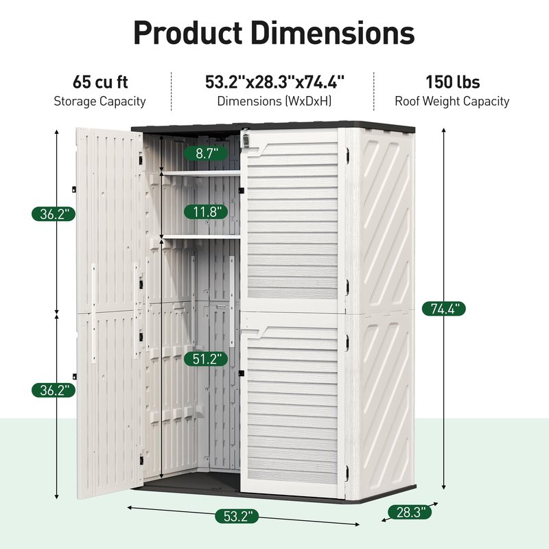 WillowLume 65 Cu.Ft Outdoor Storage Shed, Lockable Outdoor Vertical Resin Storage Cabinet with Floor, All-Weather Waterproof Shed for Garden, Backyard, Pool (65 cu ft - 2 Shelves)