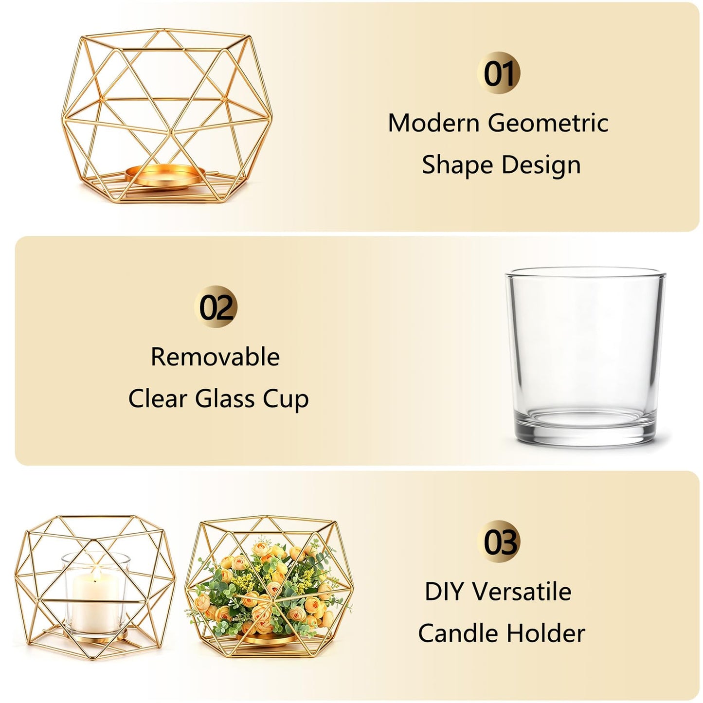 Hewory Geometric Tealight Candle Holders Gold, Modern Metal Geo Wedding Centerpieces for Table, Votive Candle Stand Accent for Tea Light for Home Shelf Mantel Christmas Birthday Party Decor, 12pcs