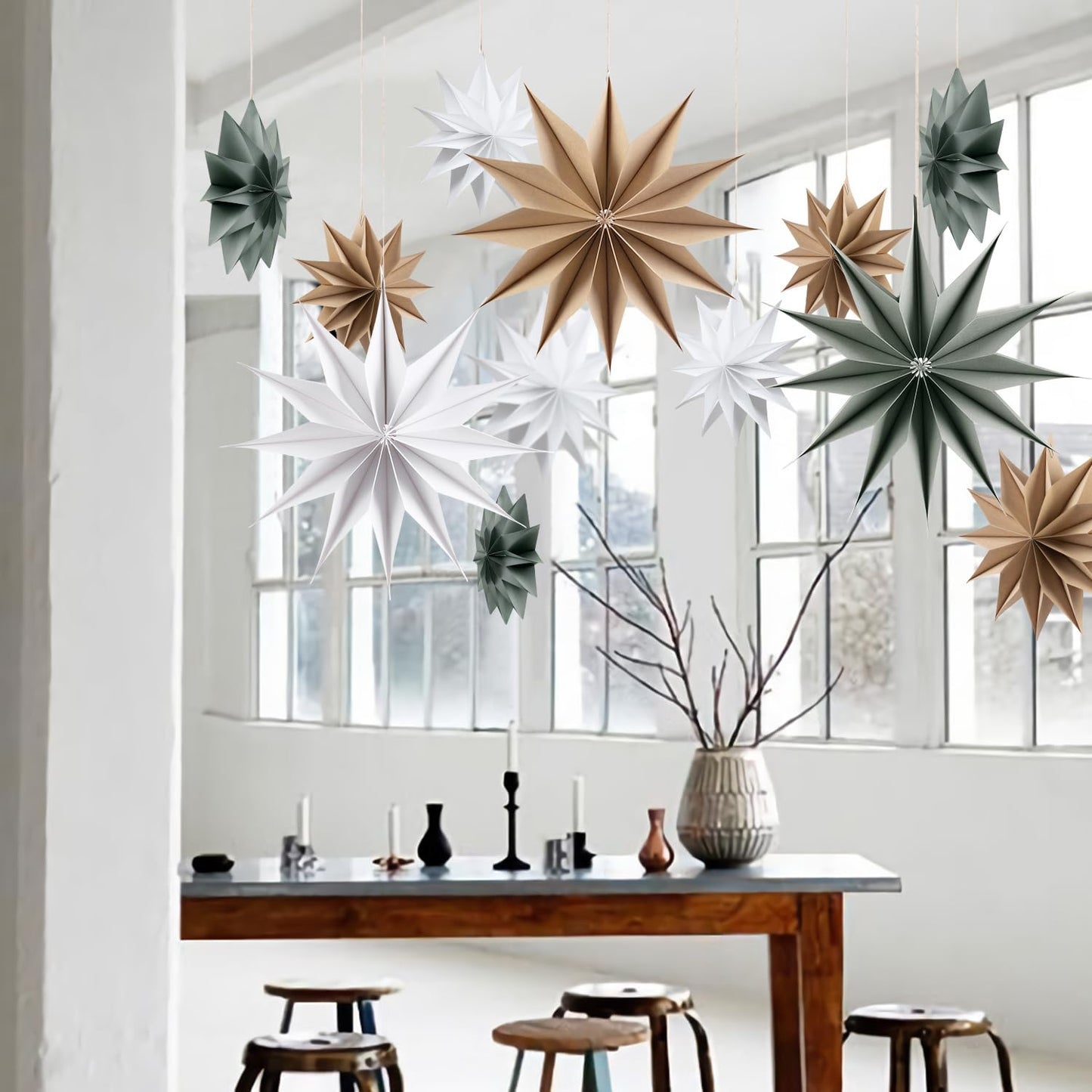 SUNBEAUTY 3 Pcs 12-Pointed Paper Star Brown Grey White Lanterns 12 Inch Christmas Hanging Lamp Shade Wedding Birthday Christmas Home Party Decorations