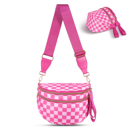 Checkered Crossbody Bag,Nylon Bum Bags for Women Crossbody,Spacious Sling Bag Purse Fanny Packs with Shoulder Strap