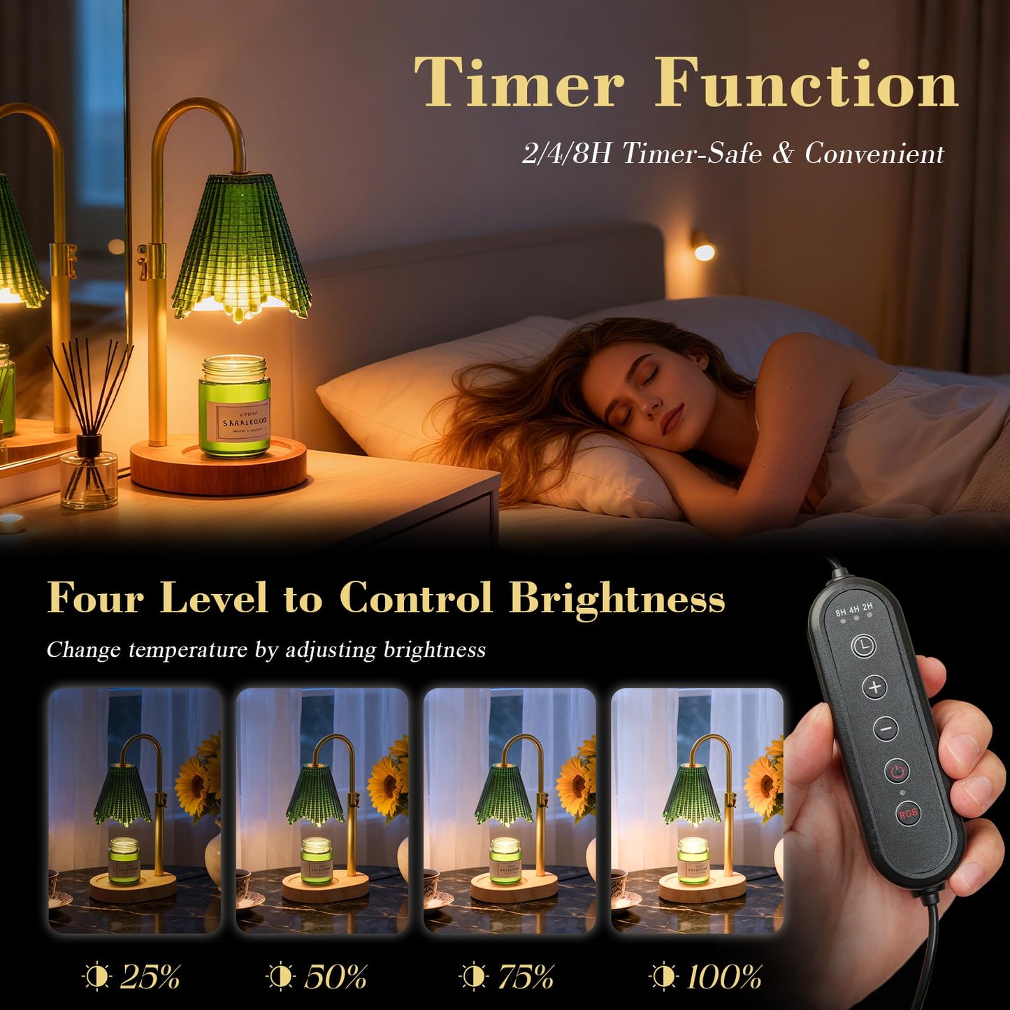 WYghyronic Candle Warmer Lamp with Adjustable Height - Flameless 4-Level Dimmable Wax Warmer with Colorful Glass Shade & Wooden Base, Timer Function & Stylish Design in Multiple Colors (Green 2)