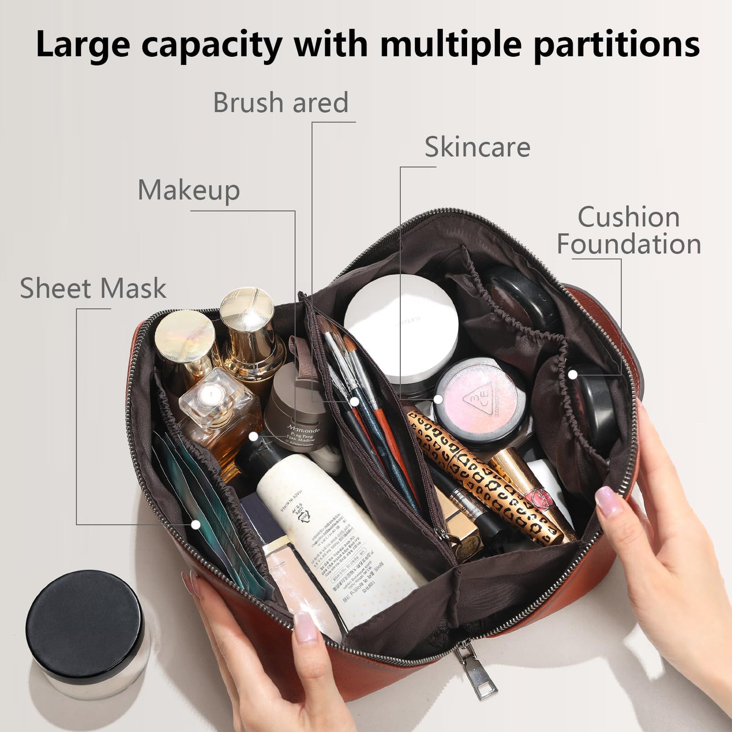BILIYA Hand Rubbed Genuine Leather Makeup Bag Vintage Brown Cowhide Cosmetic Case with Handle Handmade Travel Organizer for Women