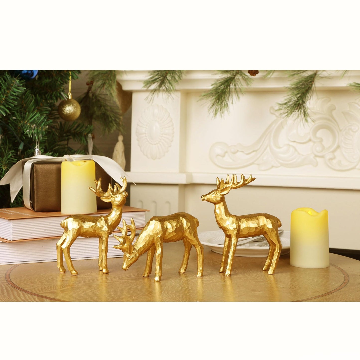 Lulu Home 3 PCS Christmas Tabletop Decorations, Resin Golden Reindeer Family Figurines with Diverse Postures, Xmas Holiday Winter Centerpieces Ornaments for Mantel Shelf Sill Decor(Peer)