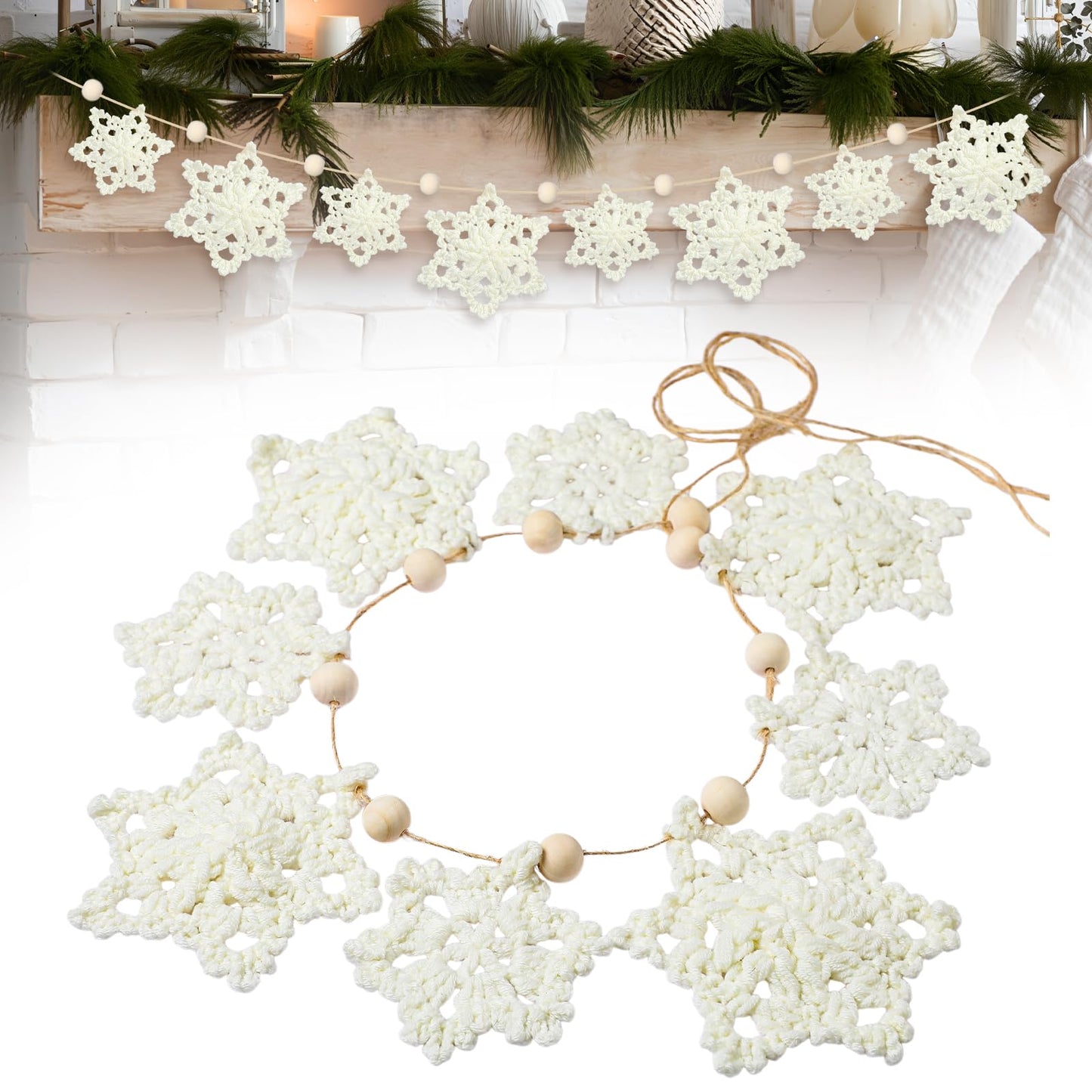 Tudomro Christmas Crochet Snowflake Garland 6.56ft Rustic Handmade Xmas Banner Snowflake Wooden Beads Farmhouse Hanging Decor for Mantel Fireplace Home Room Wall Window Door Gift