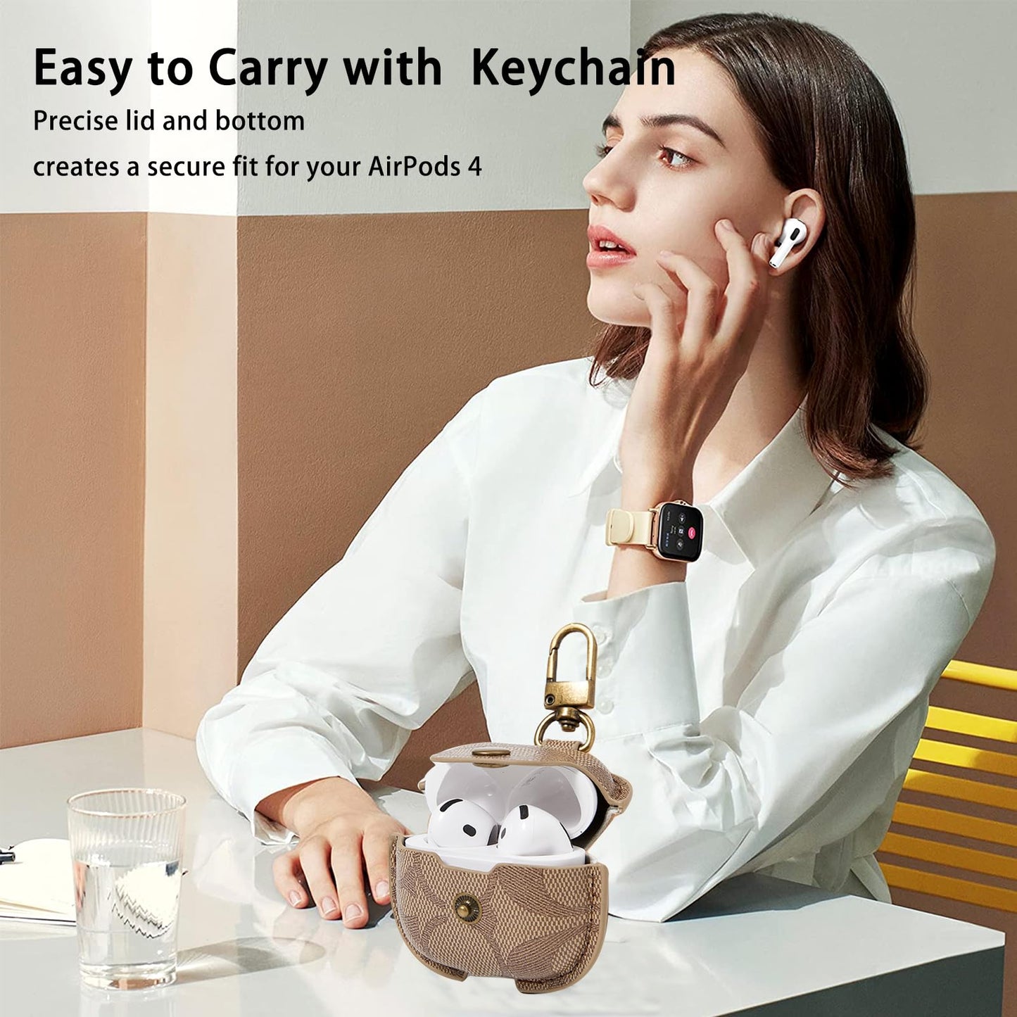 for AirPods 4 Case Cover 2024, Leather Full-Body Protective Case for AirPods 4th Generation Wireless Charging Case for Women Men with Keychain-Brown
